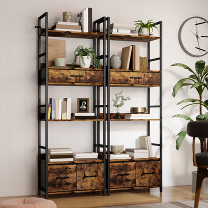 Industrial Style Bookcase, with 4 Shelves and 3 Fabric Drawers - Brown/Black