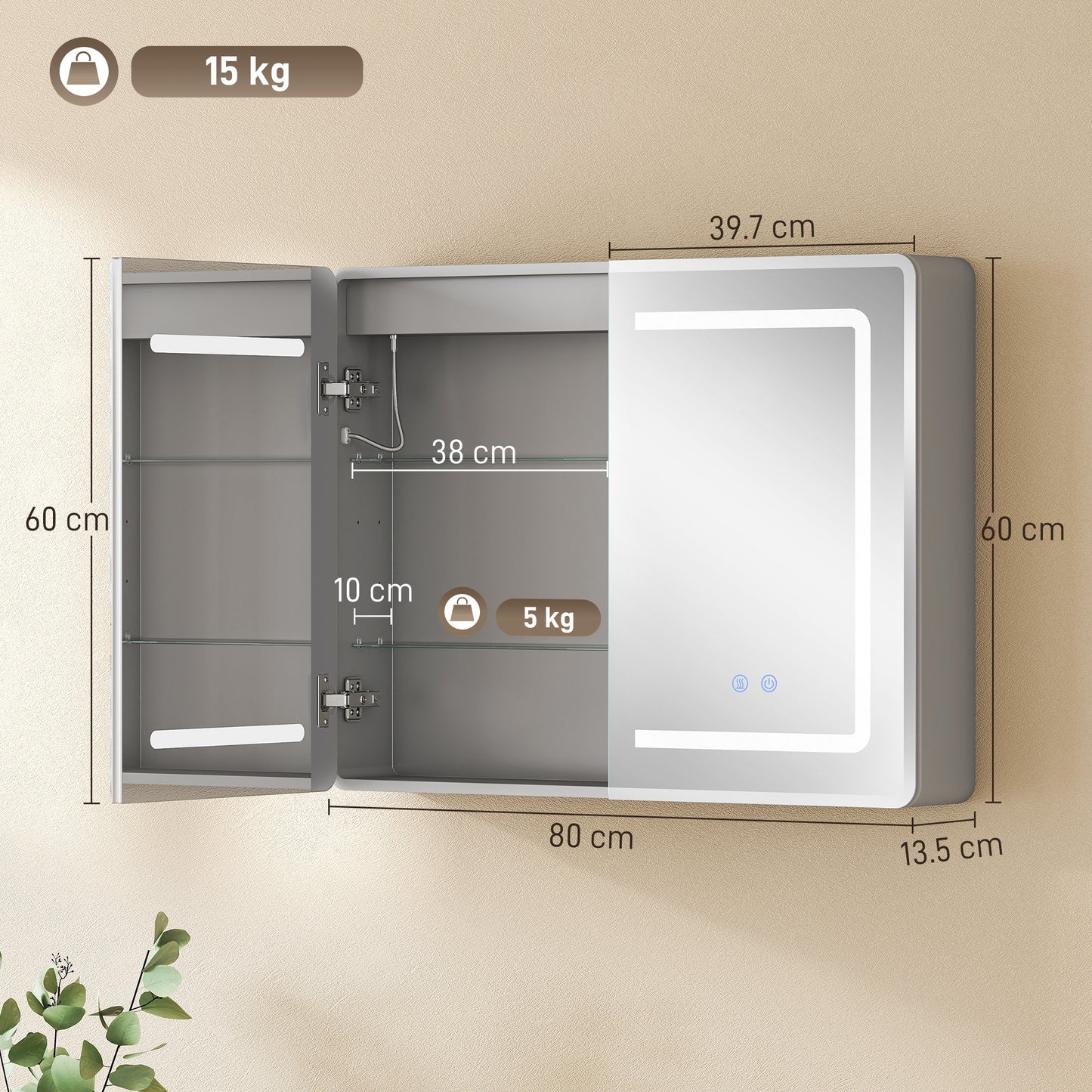 Mirrored Bathroom Cabinet with LED Lights, 60 x 80 cm Bathroom Mirror Cabinet with Anti-Fog, 3 Colour Dimmable Lighting