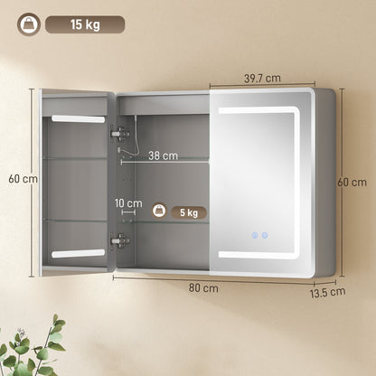 Mirrored Bathroom Cabinet with LED Lights, 60 x 80 cm Bathroom Mirror Cabinet with Anti-Fog, 3 Colour Dimmable Lighting