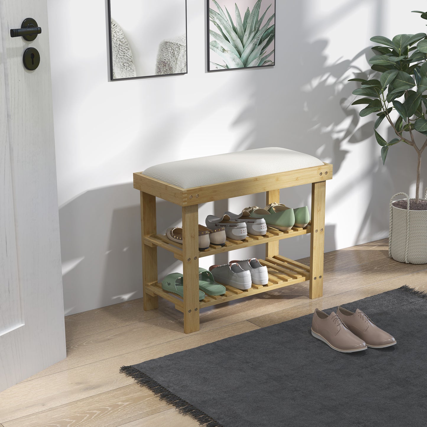 Bamboo Shoe Storage Bench, 3-Tier Shoe Bench with Seat Cushion, Shoe Rack for Entryway, Hallway, Living Room, Bedroom