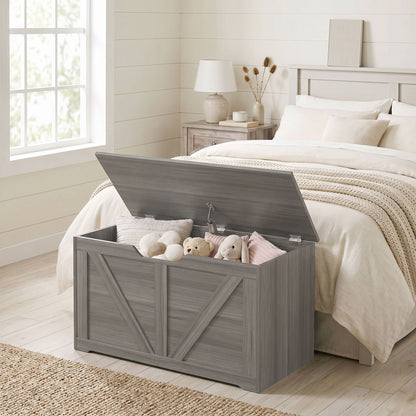 100L Home Storage Box, with Safety Hinge - Dark Grey Wood-Effect