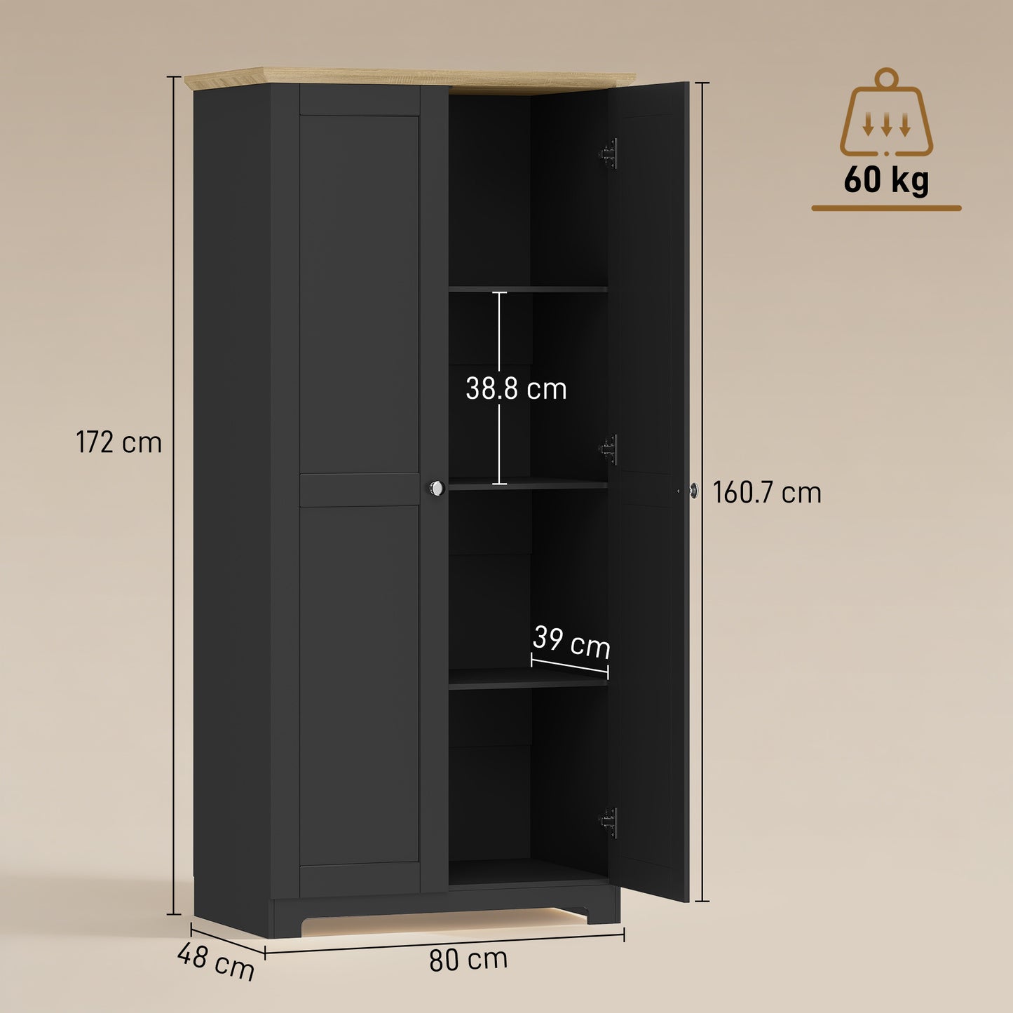 Kitchen Cupboard, 172cm Freestanding Storage Cabinet with Doors and Shelves, Black