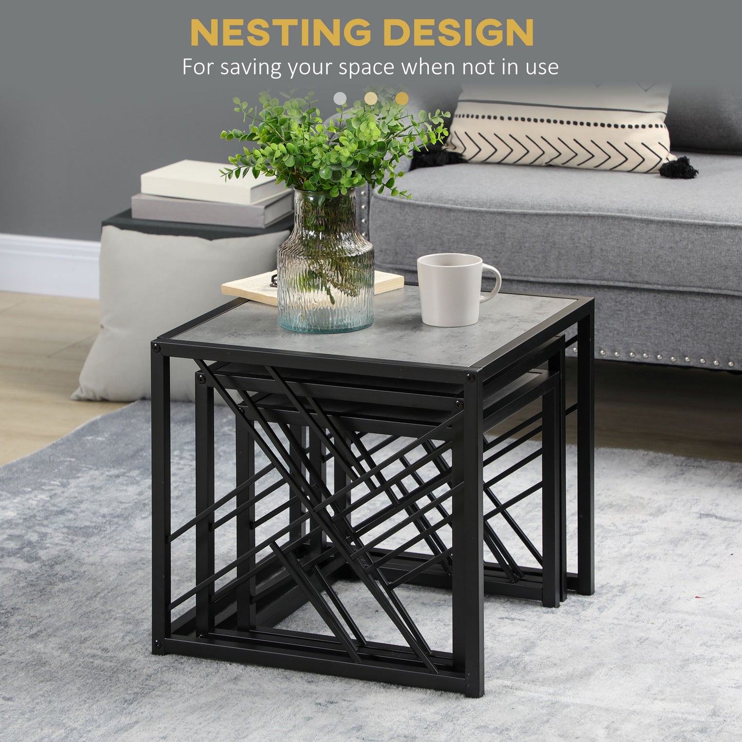 Nesting Coffee Tables, Set of 3 Square Side Tables with Black Metal Frame, for Living Room, Bedroom and Office, Grey