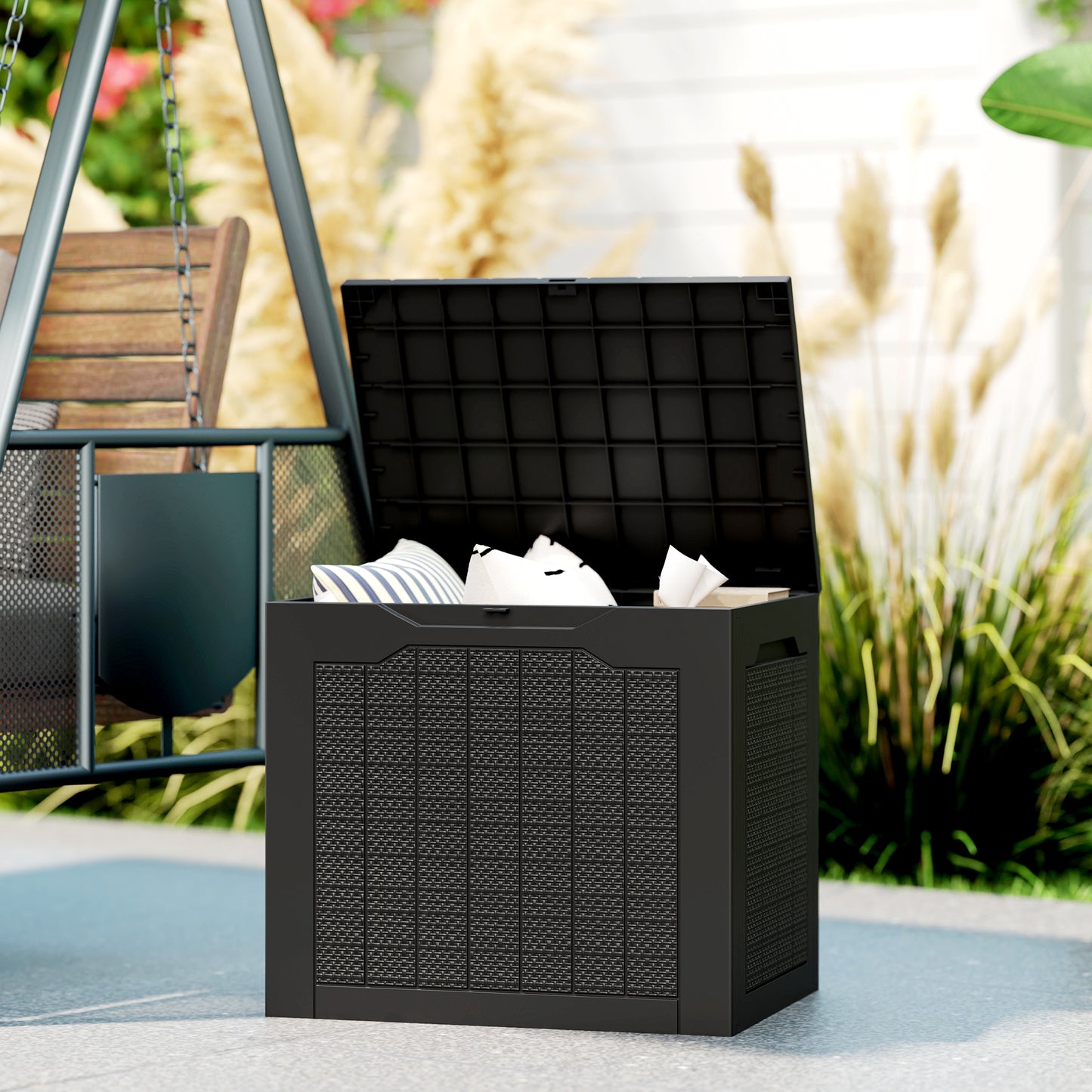 97L Plastic Garden Storage Box, Outdoor Storage Box with Handles, Waterproof Outdoor Storage Container, Black