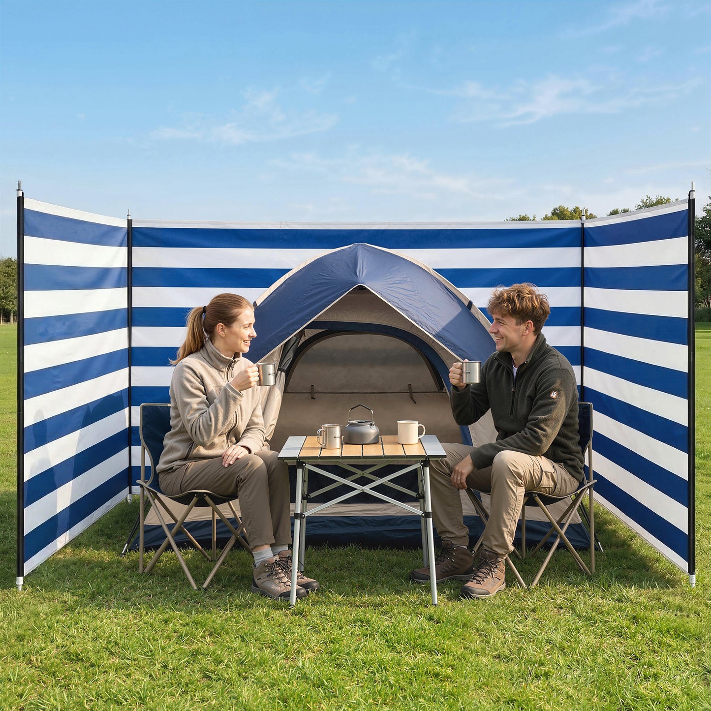 4 Pole Camping Windbreaks, Beach Wind Shield Shelter with Carry Bag and Steel Poles, 540cm x 150cm, Dark Blue