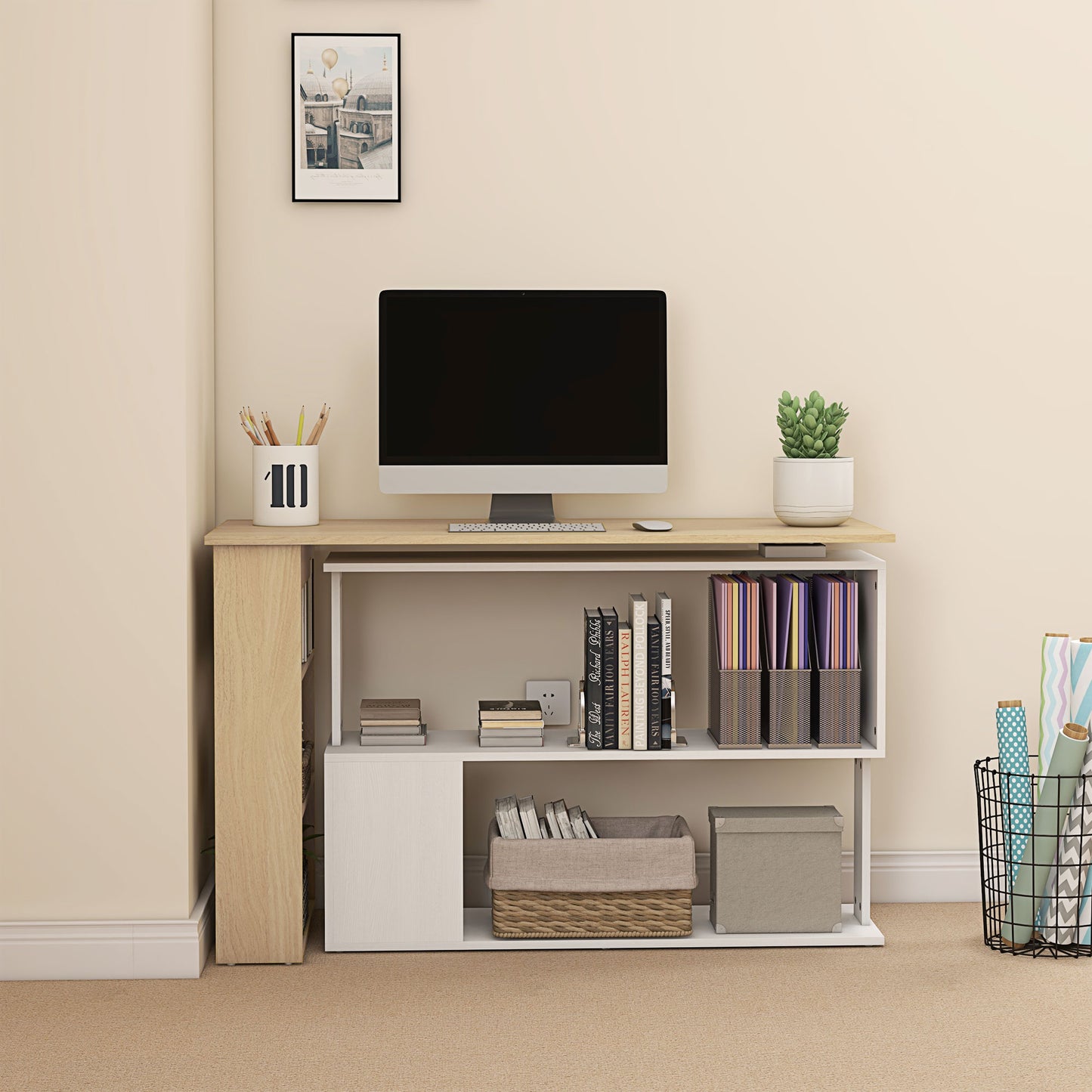 Corner Computer Desk, L Shaped Desk with 360° Rotating Bookshelf, 120L x 110W x 74.5H cm, Natural and White