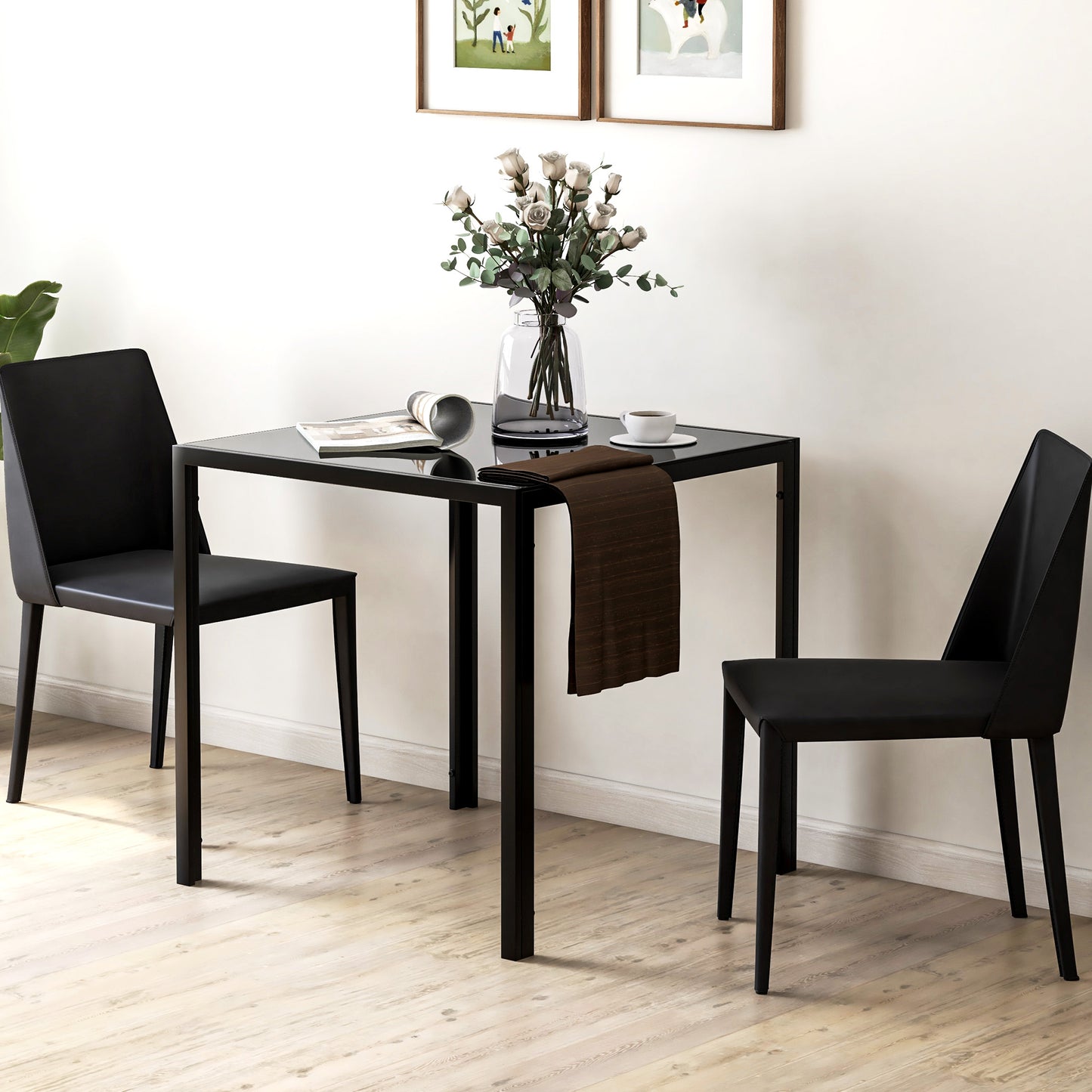 Modern Square Dining Table for 2-4 People, with Glass Top & Metal Legs, Black