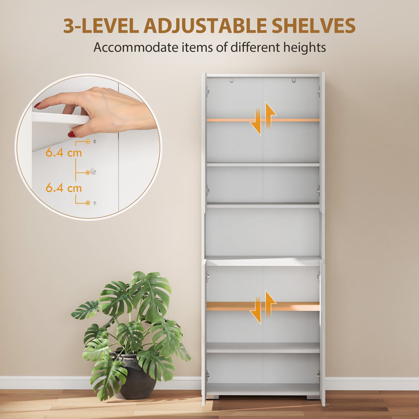 180 cm Tall Kitchen Cupboard, Pantry Storage Cabinet with Soft Close Doors and Adjustable Shelves, High Gloss White