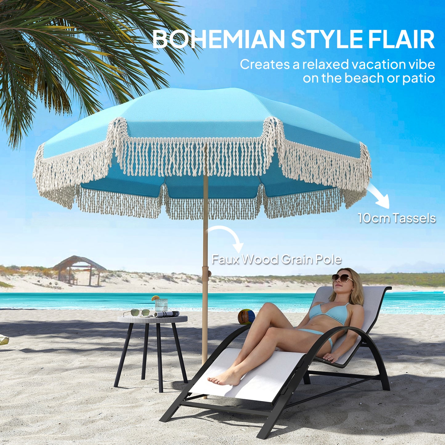 1.7 m Beach Umbrella with Sand Anchor, 30° Tilting Fringed Beach Garden Parasol with Adjustable Height, Grey