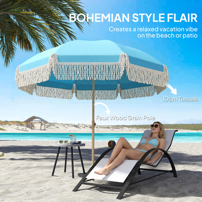 1.7 m Beach Umbrella with Sand Anchor, 30° Tilting Fringed Beach Garden Parasol with Adjustable Height, Grey
