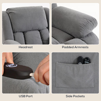 Recliner Armchair Lift Chair, Electric Recliner Chair with Vibration Massage and Heat, Wide Seat, USB Port, Light Grey