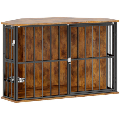 Corner Dog Crate Furniture with Two Bowls, Lockable Doors, for Small, Medium Dogs, Rustic Brown