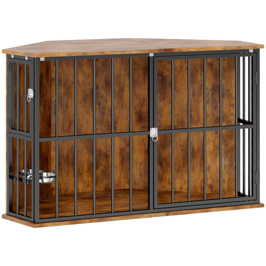 Corner Dog Crate Furniture with Two Bowls, Lockable Doors, for Small, Medium Dogs, Rustic Brown