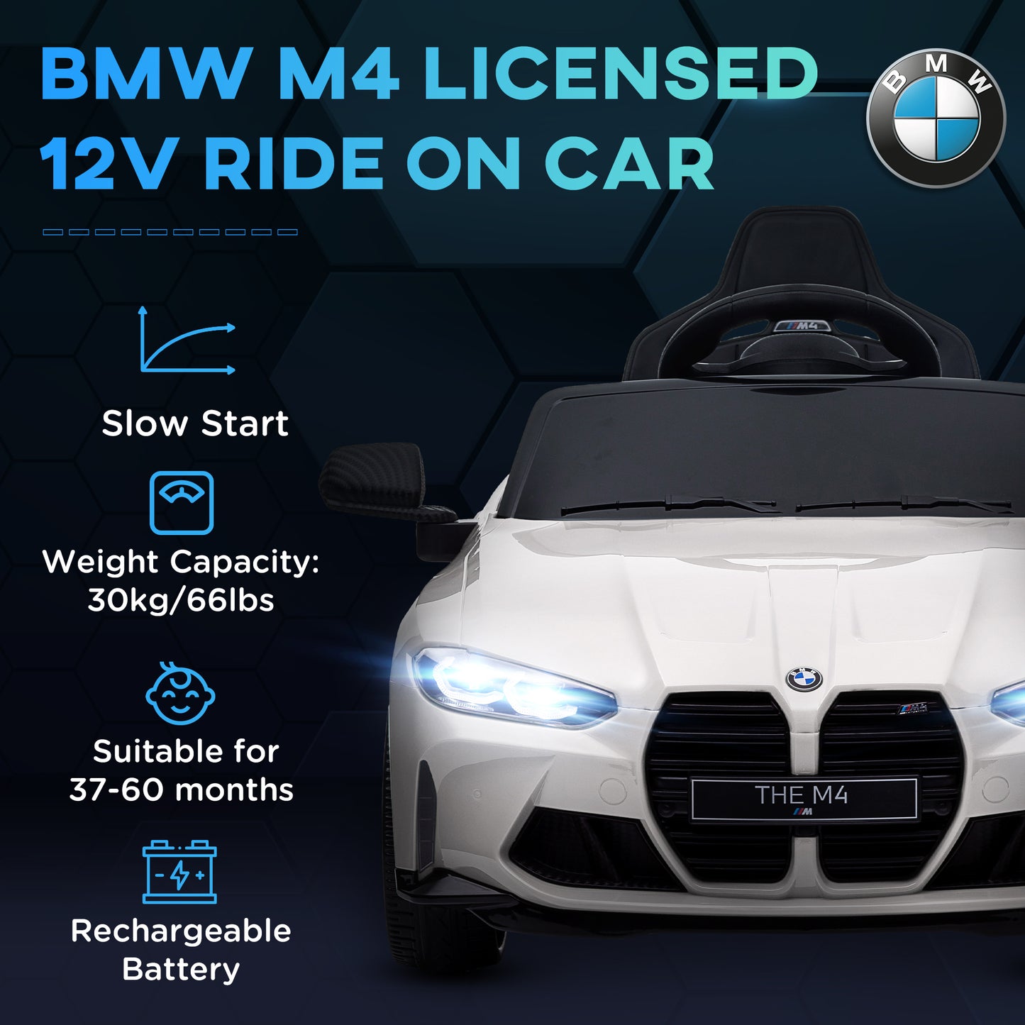 12V BMW Licensed Kids Car, with Easy Transport, Remote Control, Suspension, Music, Horn, LED Lights, White