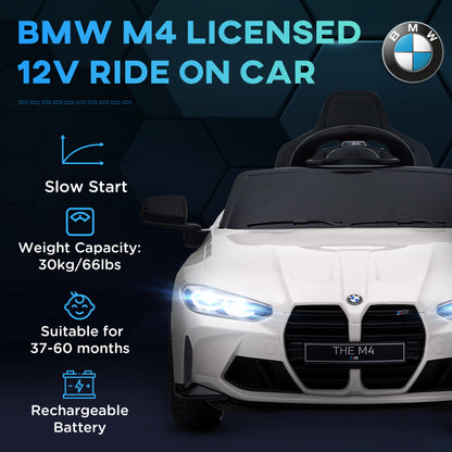 12V BMW Licensed Kids Car, with Easy Transport, Remote Control, Suspension, Music, Horn, LED Lights, White