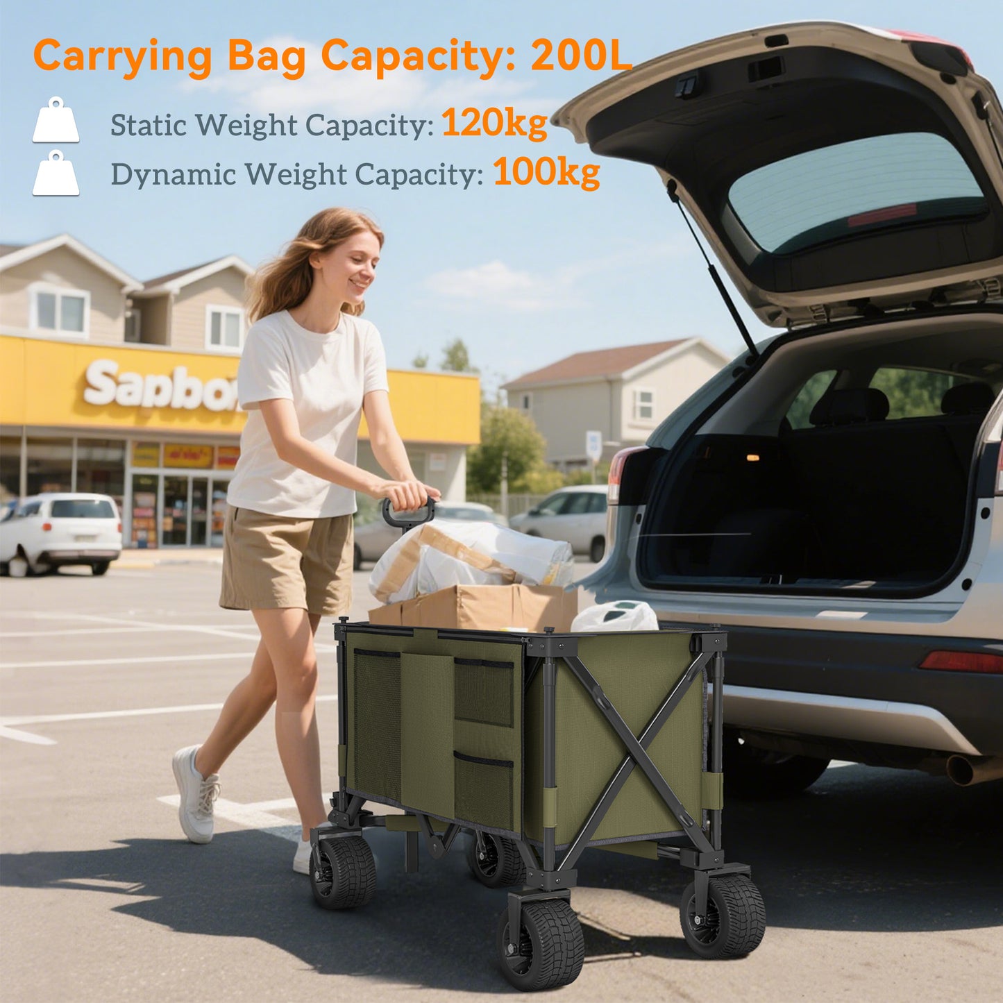 300L Festival Trolley on Wheels, Folding Camping Trolley Cart, Heavy Duty Collapsible Wagon Cart with Wide Wheels