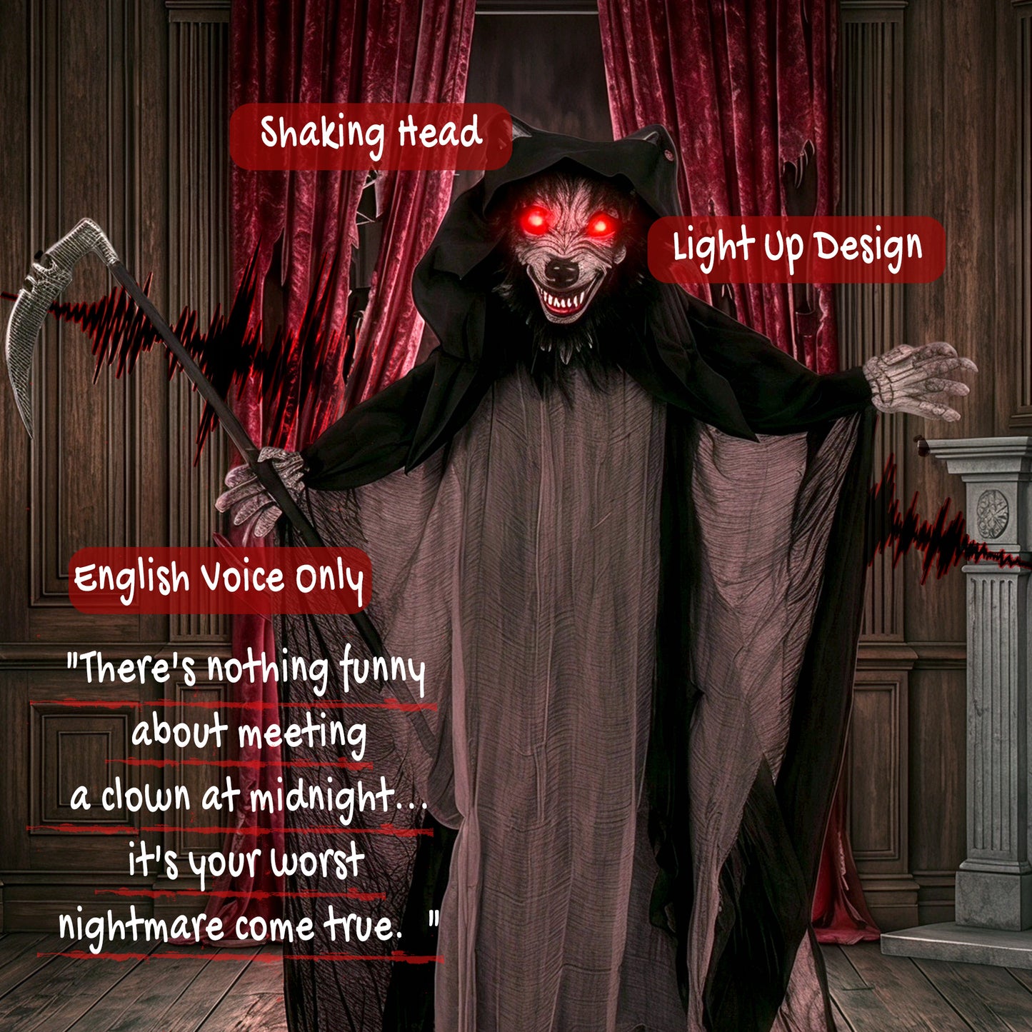 Halloween Standing Werewolf Animated Decoration with Light-Up Eyes, Sound and Touch Activated