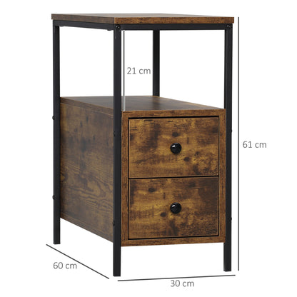Side Table, Narrow Bedside Table with 2 Drawers and Storage Shelf, Industrial End Table with Metal Frame for Small Spaces