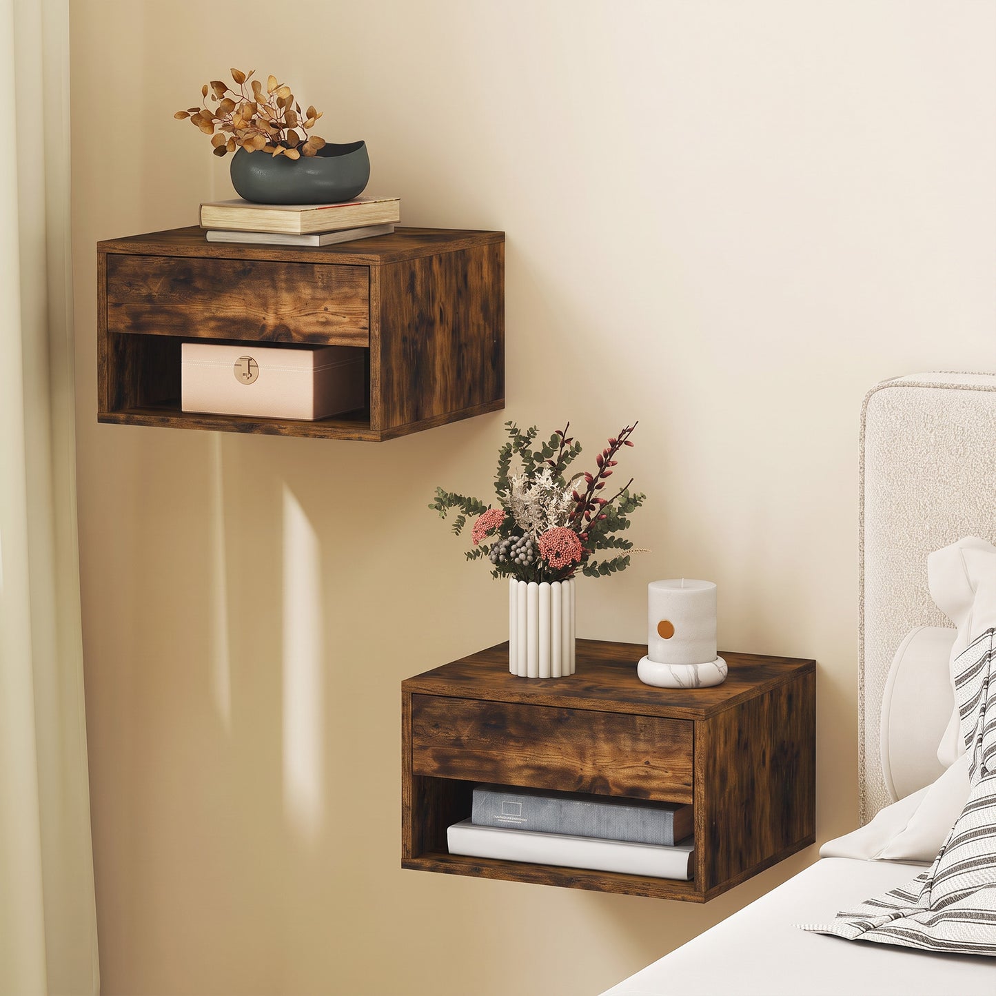 Set of Two Floating Bedside Tables - Rustic Brown