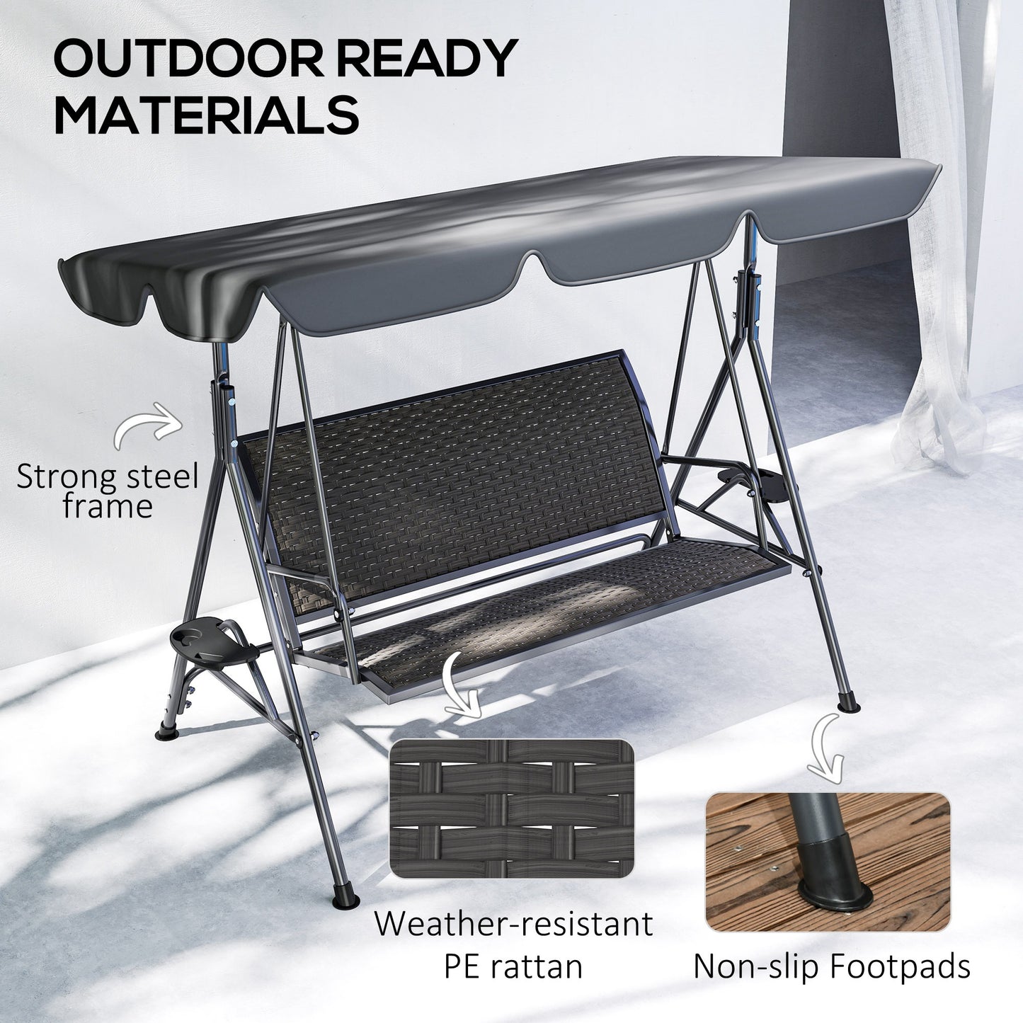 3 Seater Swing Chair, Garden Swing Seat Bench with Adjustable Canopy, Rattan Seat and Steel Frame for Patio, Yard, Grey