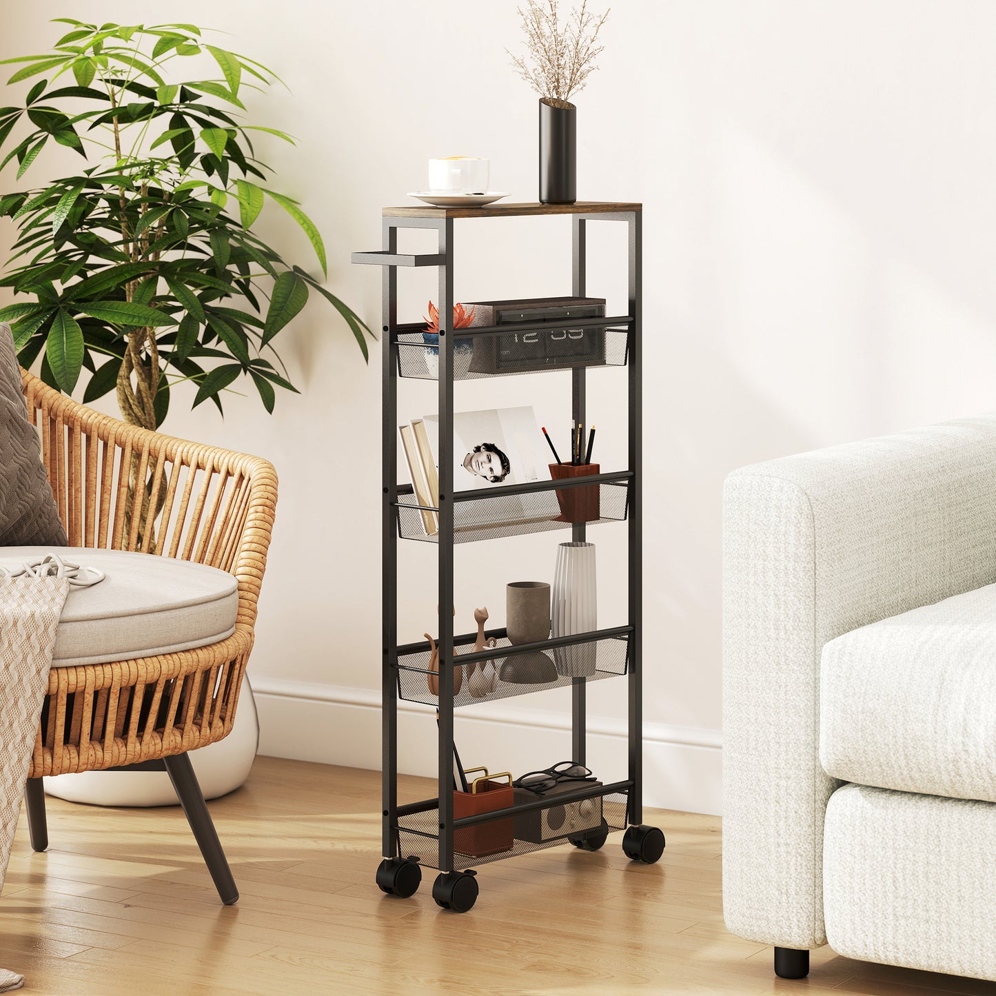 Slim Storage Trolley, 5-Tier Kitchen Cart on Wheels with Wood-effect Top, Handle for Living Room, Bathroom, Black