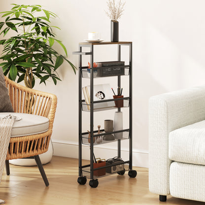 Slim Storage Trolley, 5-Tier Kitchen Cart on Wheels with Wood-effect Top, Handle for Living Room, Bathroom, Black