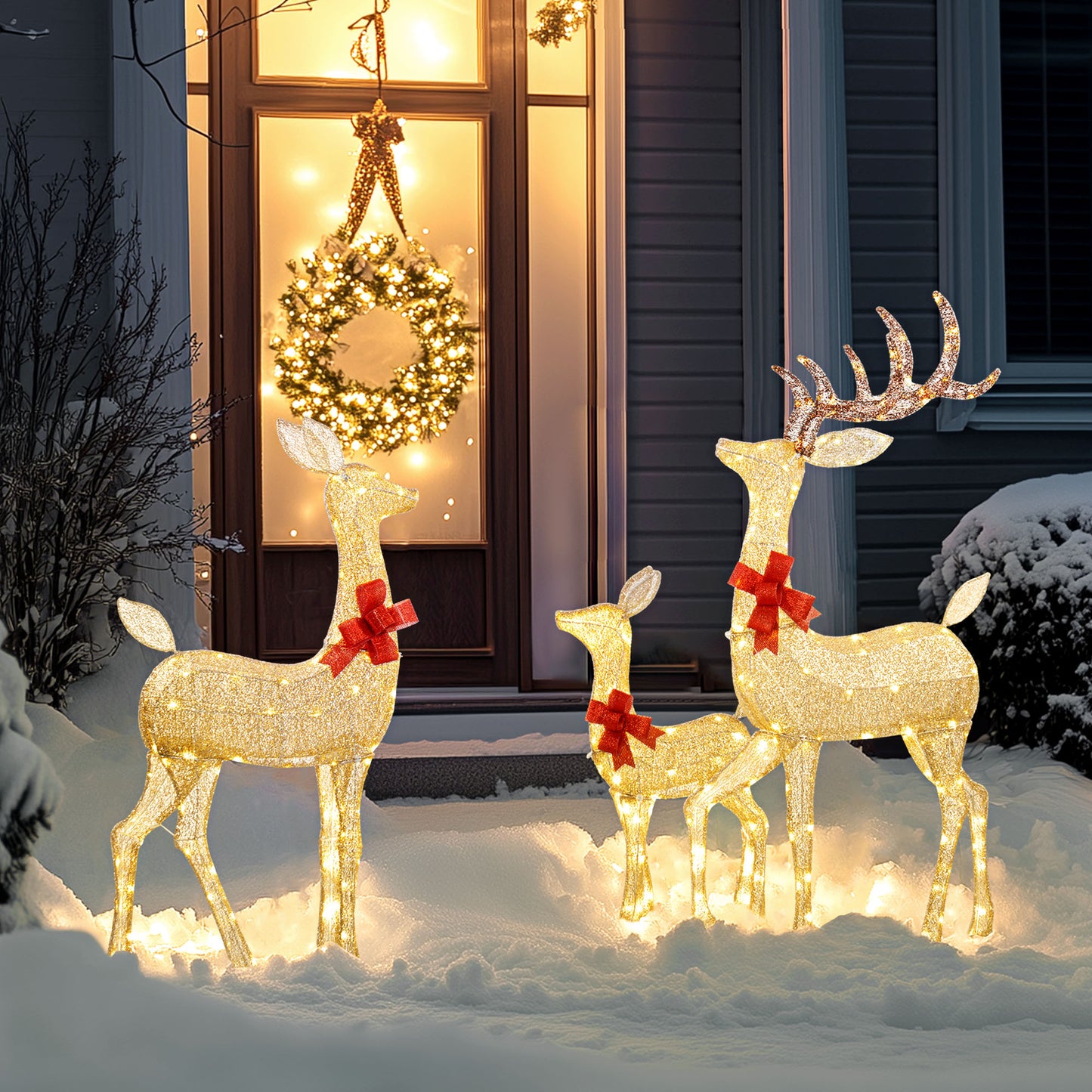 Lighted Reindeer Christmas Decorations Outdoor, 3-Piece Light Up Deer Family Set of 3 with 283 LED Lights for Indoor, Lawn