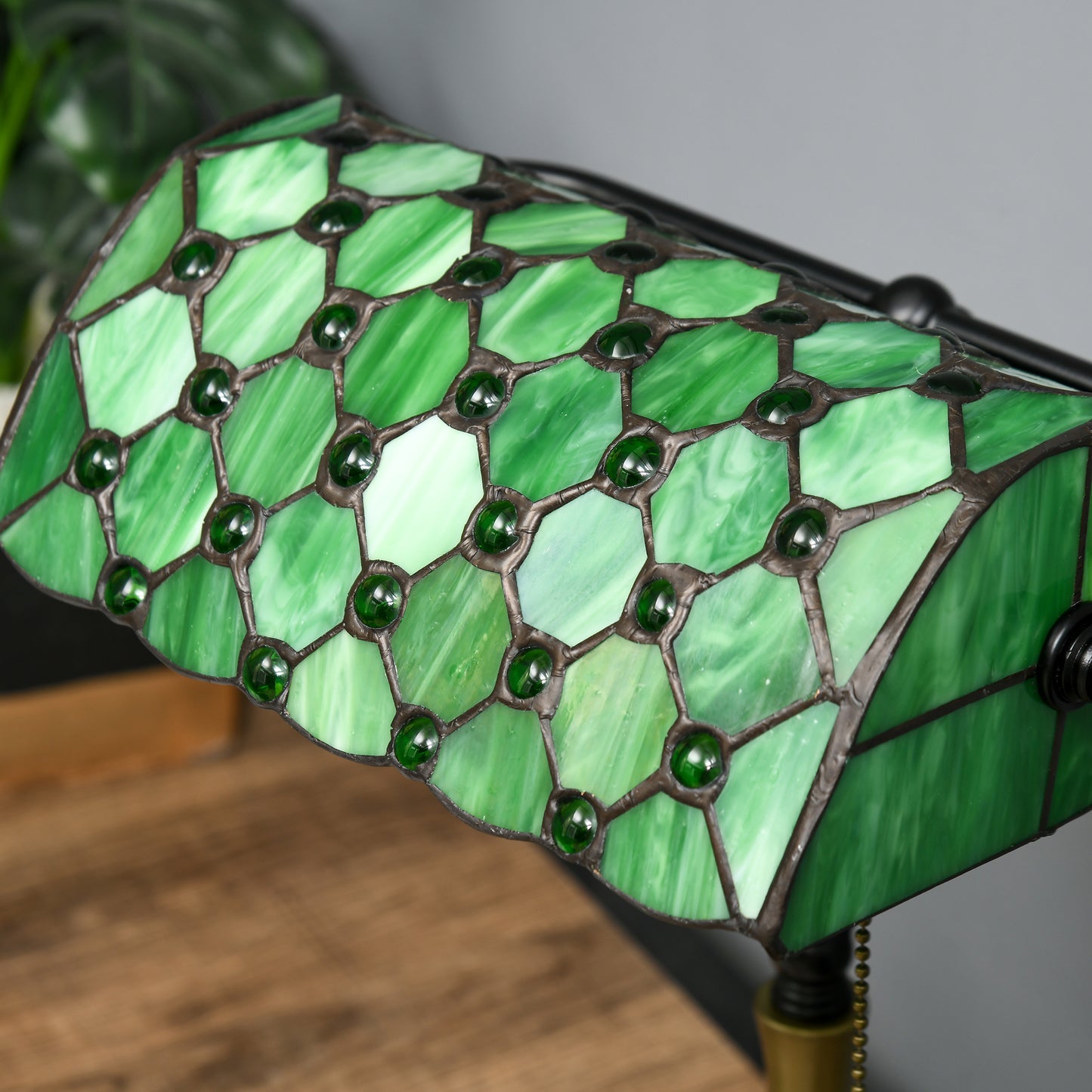 Stained Glass Table Lamp, Vintage Lamp with Green Handmade Shade, Metal Base