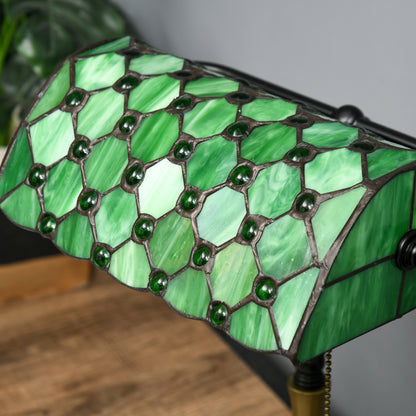Stained Glass Table Lamp, Vintage Lamp with Green Handmade Shade, Metal Base