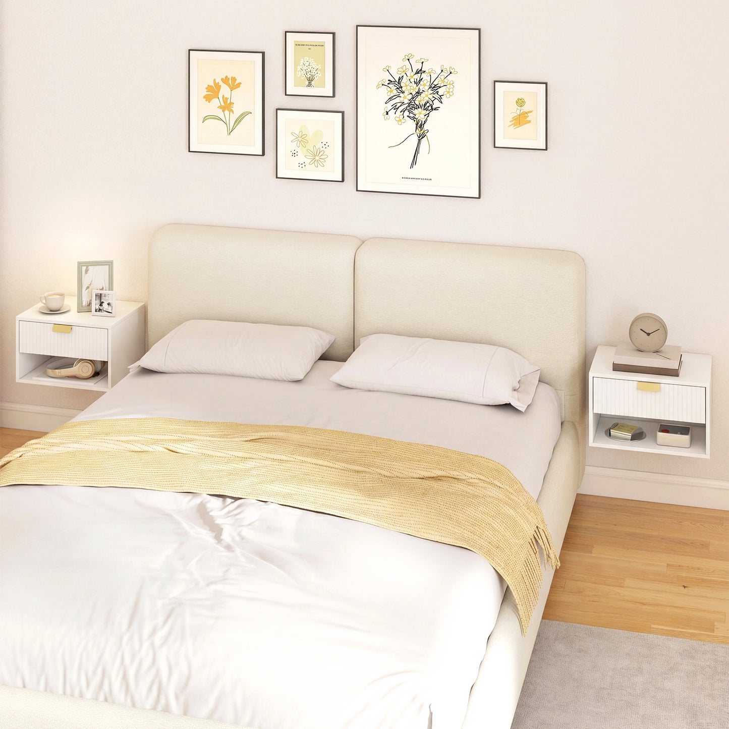 Set of 2 Wall Mounted Nightstands, Floating Bedside Tables with Fluted Drawer and Open Shelf for Small Bedroom, White
