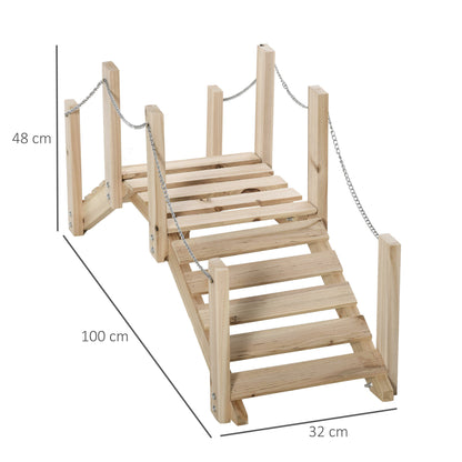 Small Fir Wooden Garden Bridge, Arch Walkway with Metal Chain Railings for Landscape Creek Pond, Natural Wood