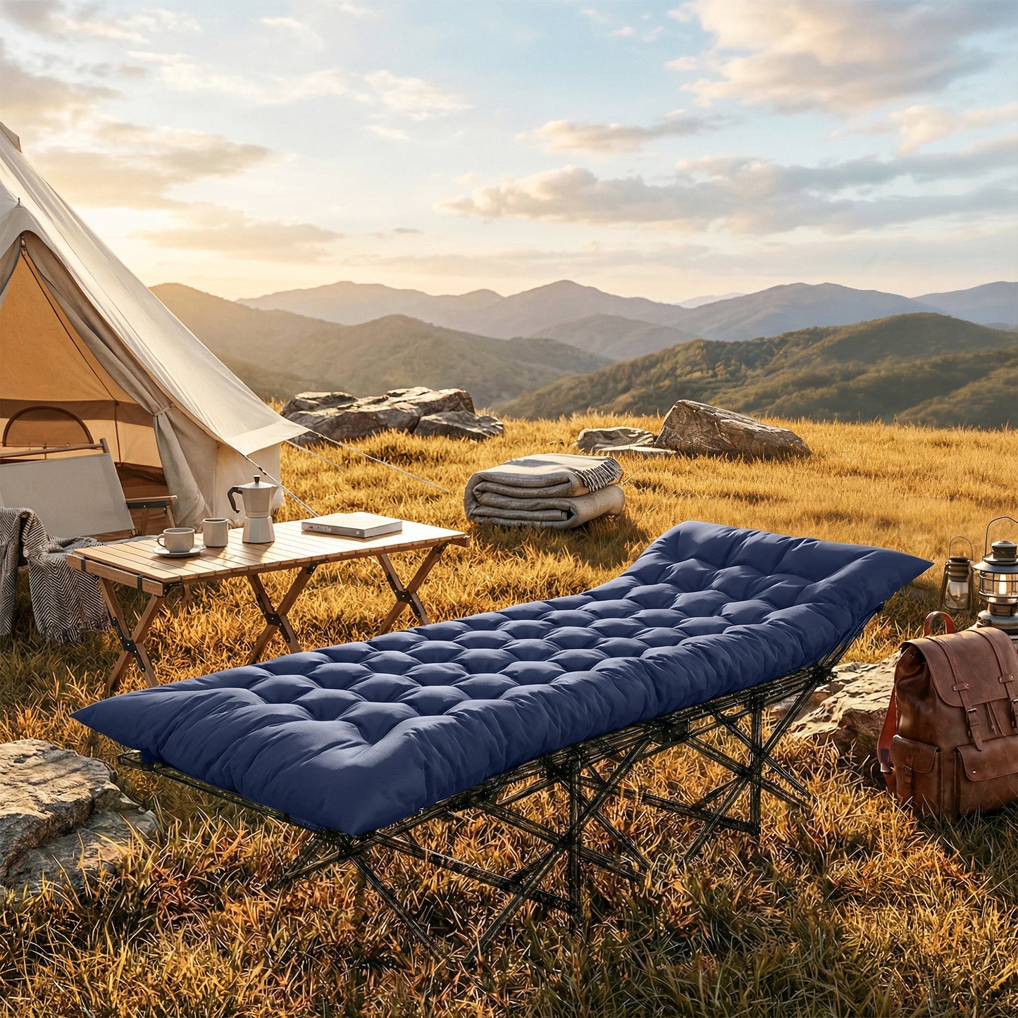 Sleeping Mat, Foldable Camping Mattress Pad with Four Corner Elastic Straps, Dark Blue