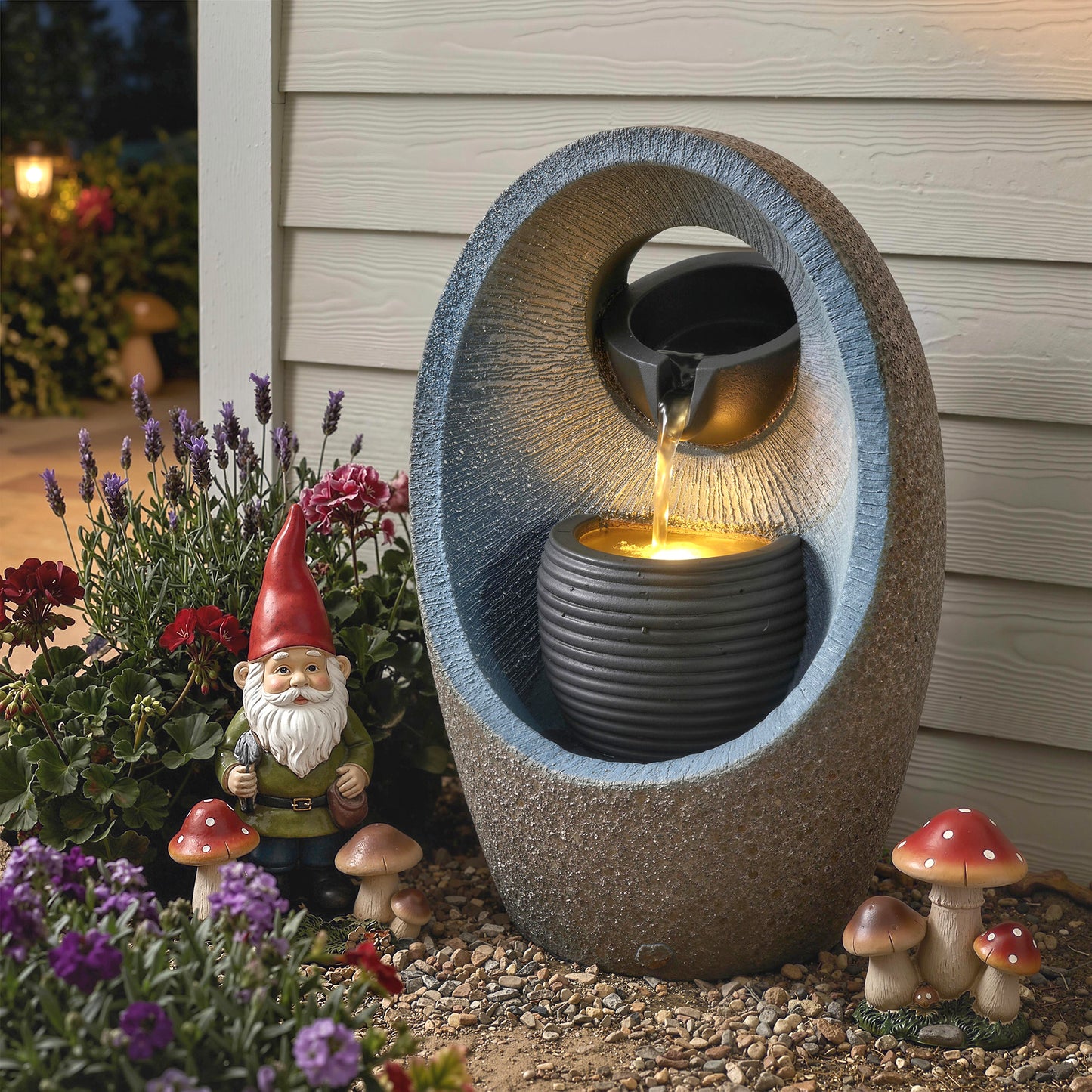 Water Feature with 2-Tier Bowls, Garden Water Fountain with Pump and LED Lights, Resin Cascading Waterfall