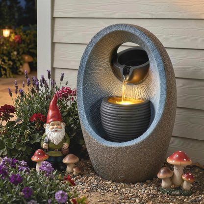Water Feature with 2-Tier Bowls, Garden Water Fountain with Pump and LED Lights, Resin Cascading Waterfall