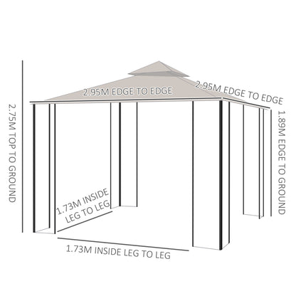 3 x 3(m) Garden Gazebo Patio Party Tent Shelter Outdoor Canopy Double Tier Sun Shade Metal Frame Netting, Beige