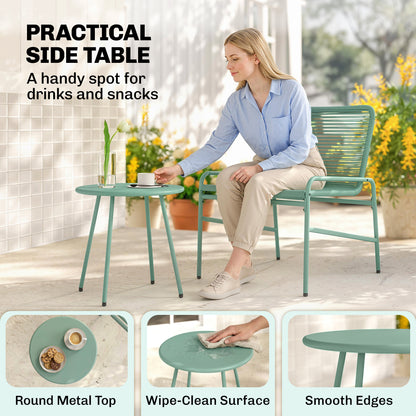 3 Piece Rattan Bistro Set, Outdoor Garden Furniture Set with 2 Chairs, Round Coffee Table for Patio, Balcony, Green