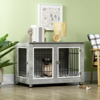 Dog Crate Furniture, Dog Cage End Table. with Soft Cushion, Double Door, for Medium/Large Dogs, Grey