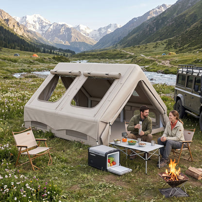 Inflatable Camping Tent, 4 Season Hot Tent 10000mm Waterproof with Chimney Opening, Sky Light and Air Pump, Khaki