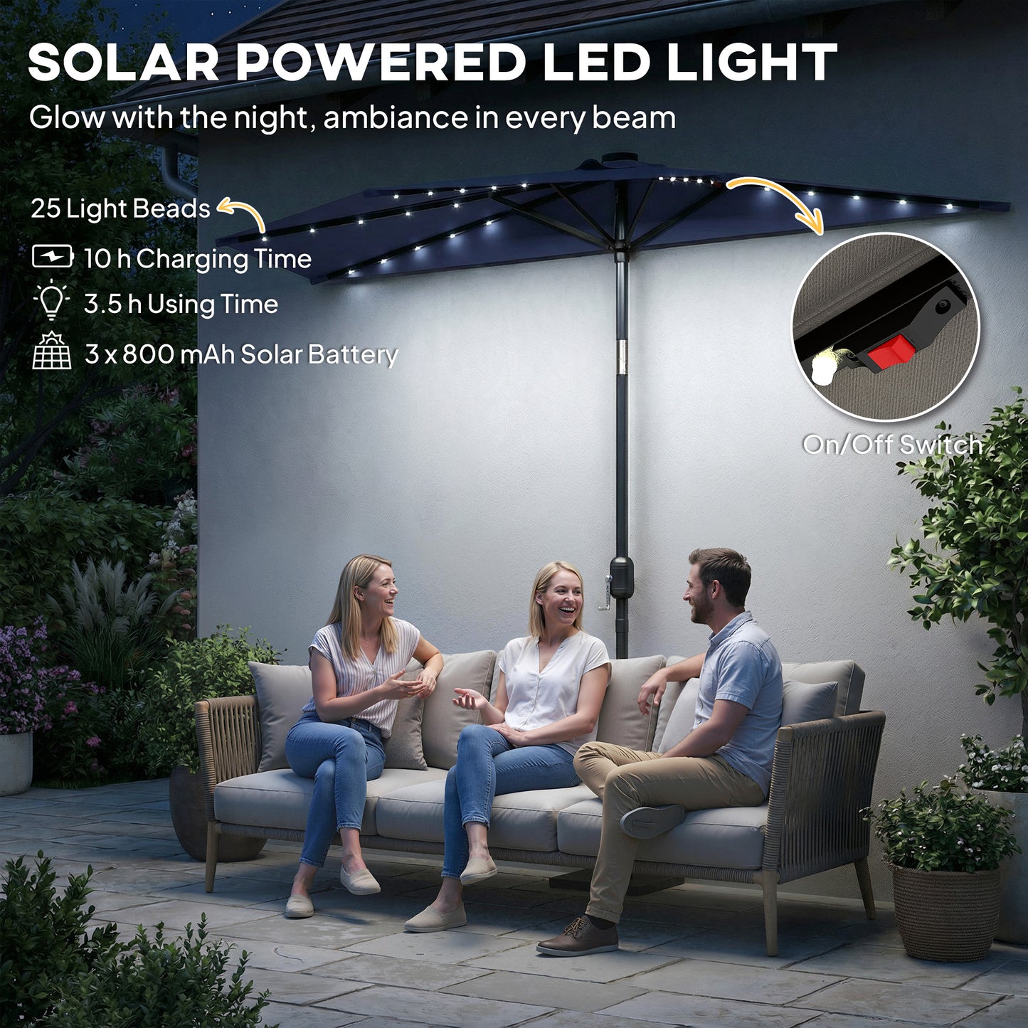 2.6 m Half Garden Parasol with Solar LED Lights, UPF50+ Semi Round Umbrella with 30° Tilt, Crank Handle, Dark Blue