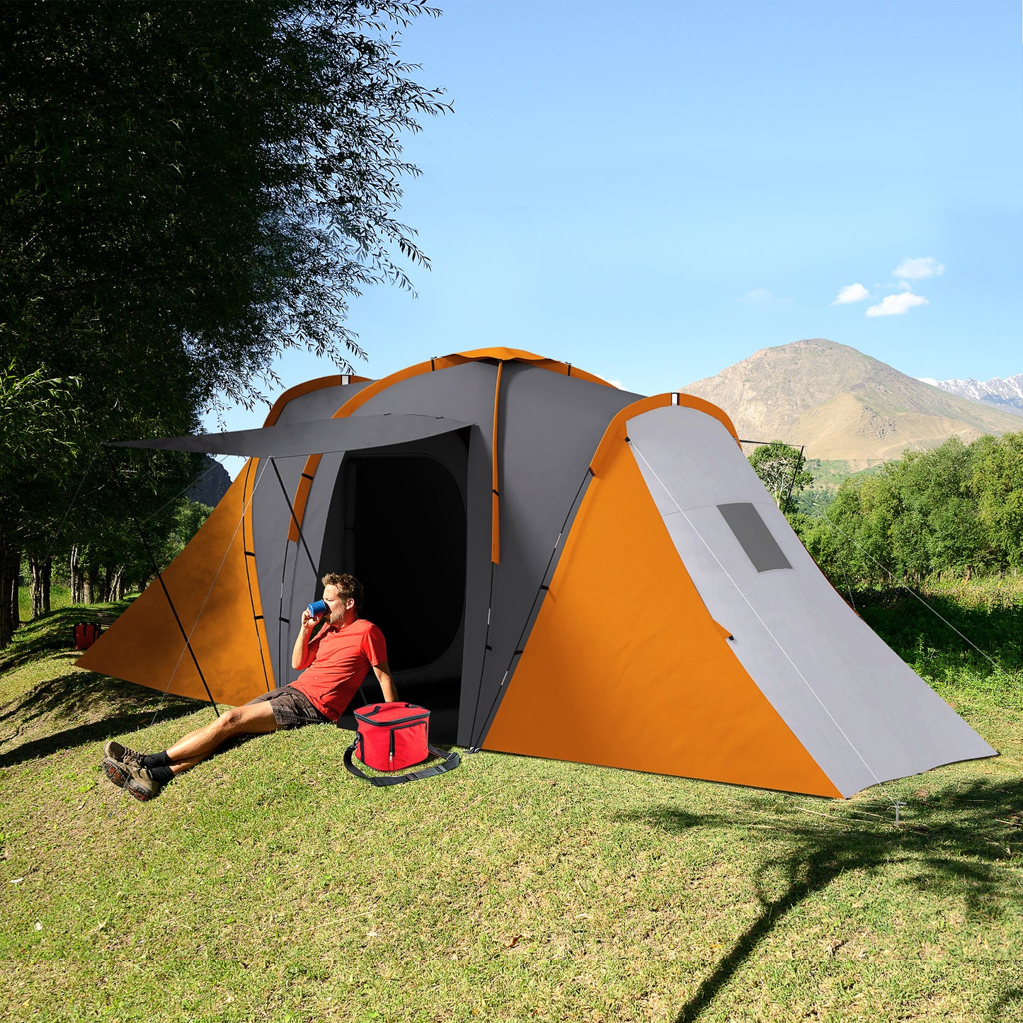 Large Camping Tent Tunnel Tent with 2 Bedroom and Living Area, 2000mm Waterproof, Portable with Bag for 4 Man, Orange