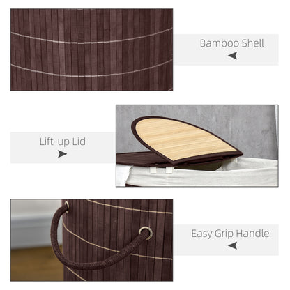 100L Bamboo Laundry Basket with Lid, Washing Basket with 2 Compartments, Handles, Removable Liner, Brown