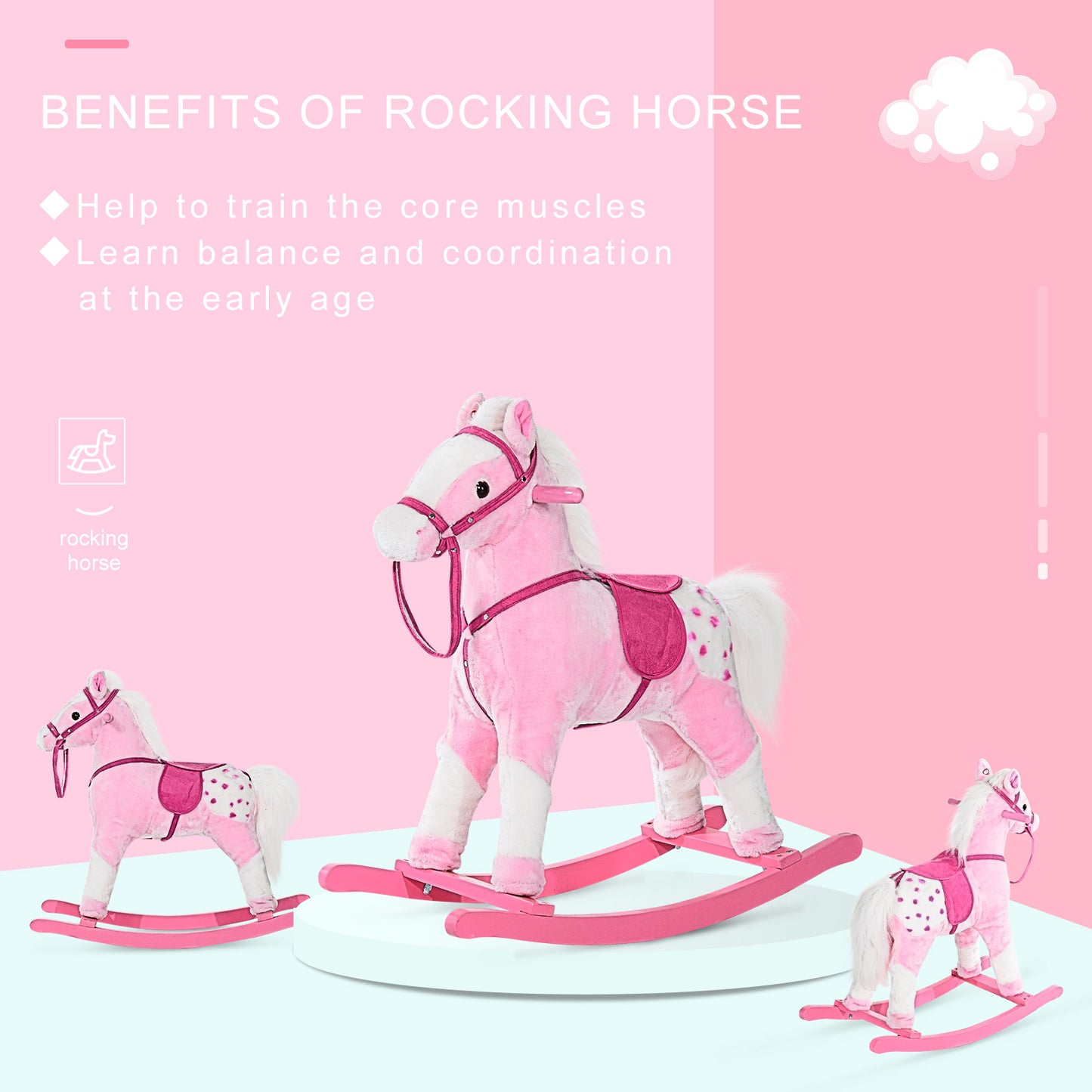 Baby Rocking Horse Plush Ride on Animals Rocker with Sound Handle Grip for Kids 3-6 Years - Pink