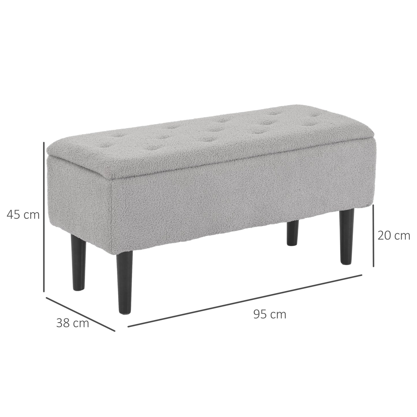 57L Storage Ottoman, End of Bed Bench with Wooden Legs, Fabric Footstool for Living Room, Bedroom, 95 x 38 x 45cm, Grey