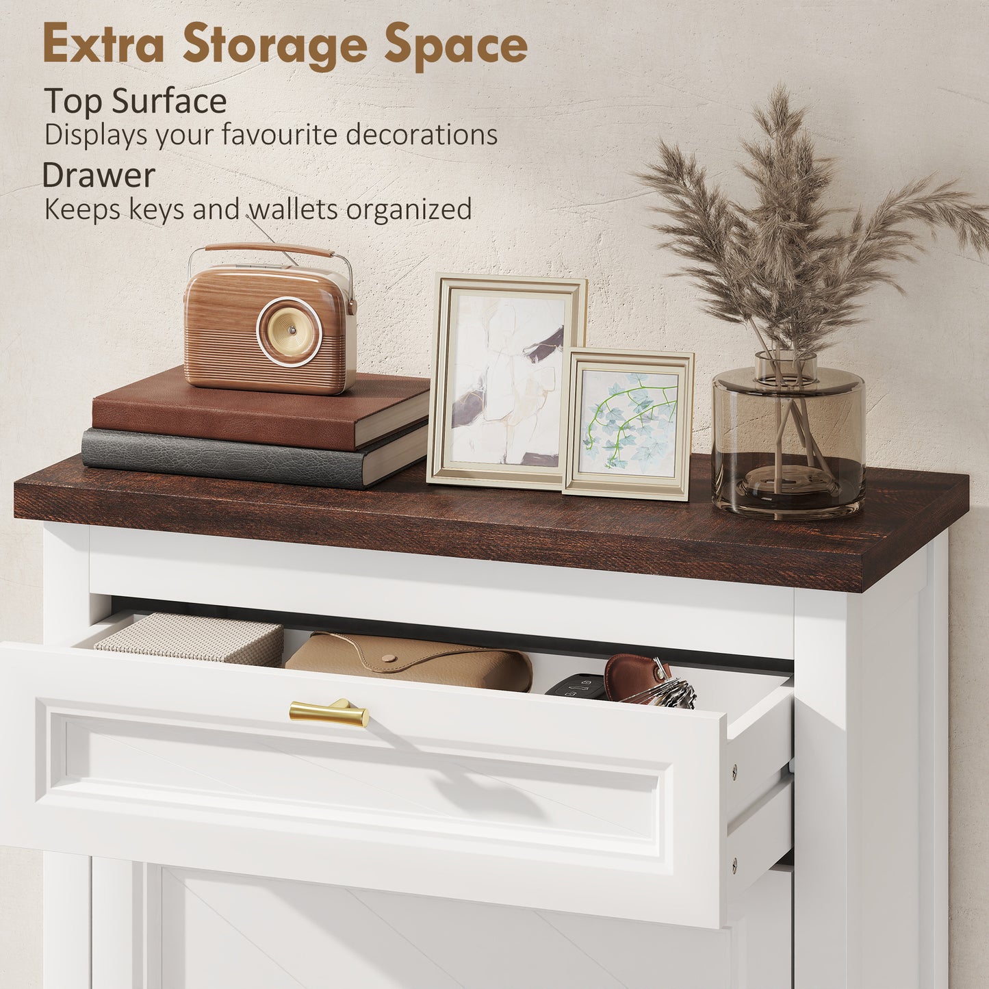 Shoe Cabinet with 2 Flip Drawers, Farmhouse Narrow Shoe Storage Cabinet with Adjustable Shelves, White