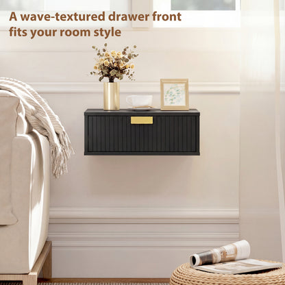 Modern Floating Nightstands Set of 2, Wall Mounted Bedside Tables with Wave Drawer Black
