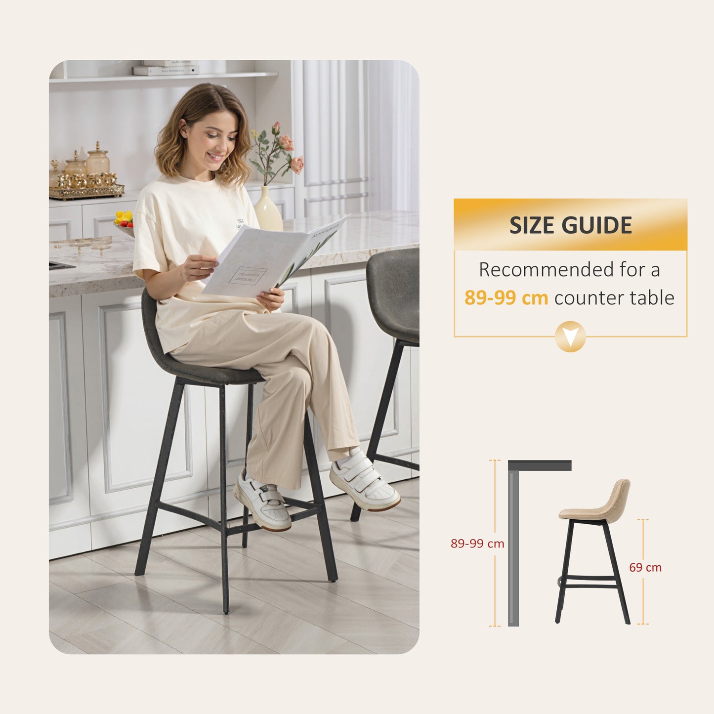 Bar Stools Set of 2, PU Leather Dining Stools with Backrest, Footrest, for Kitchen, Counter, Breakfast Bar, Grey