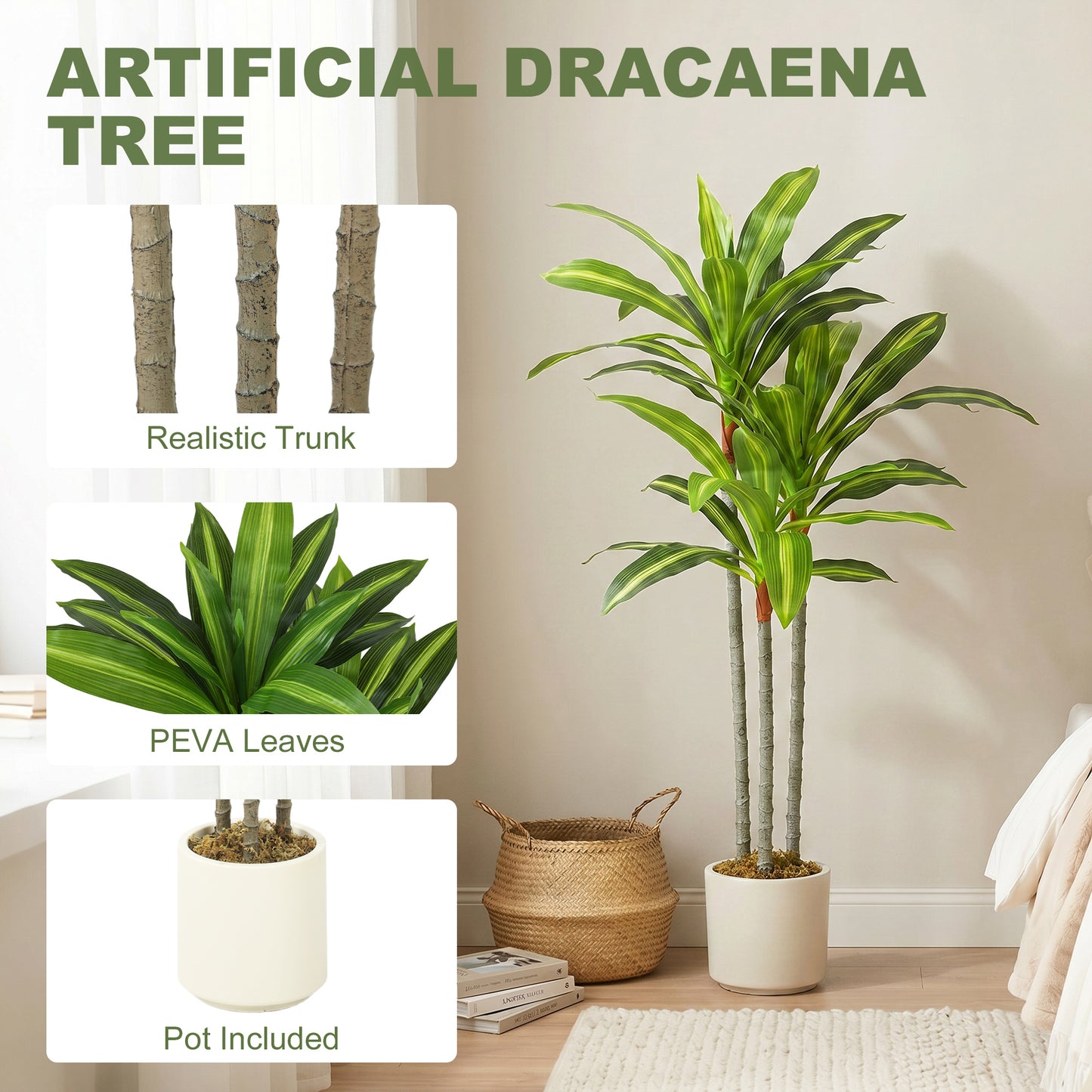 90cm Lifelike Fake Tree, Artificial Dracaena Tree with Bendable Trunks, Green