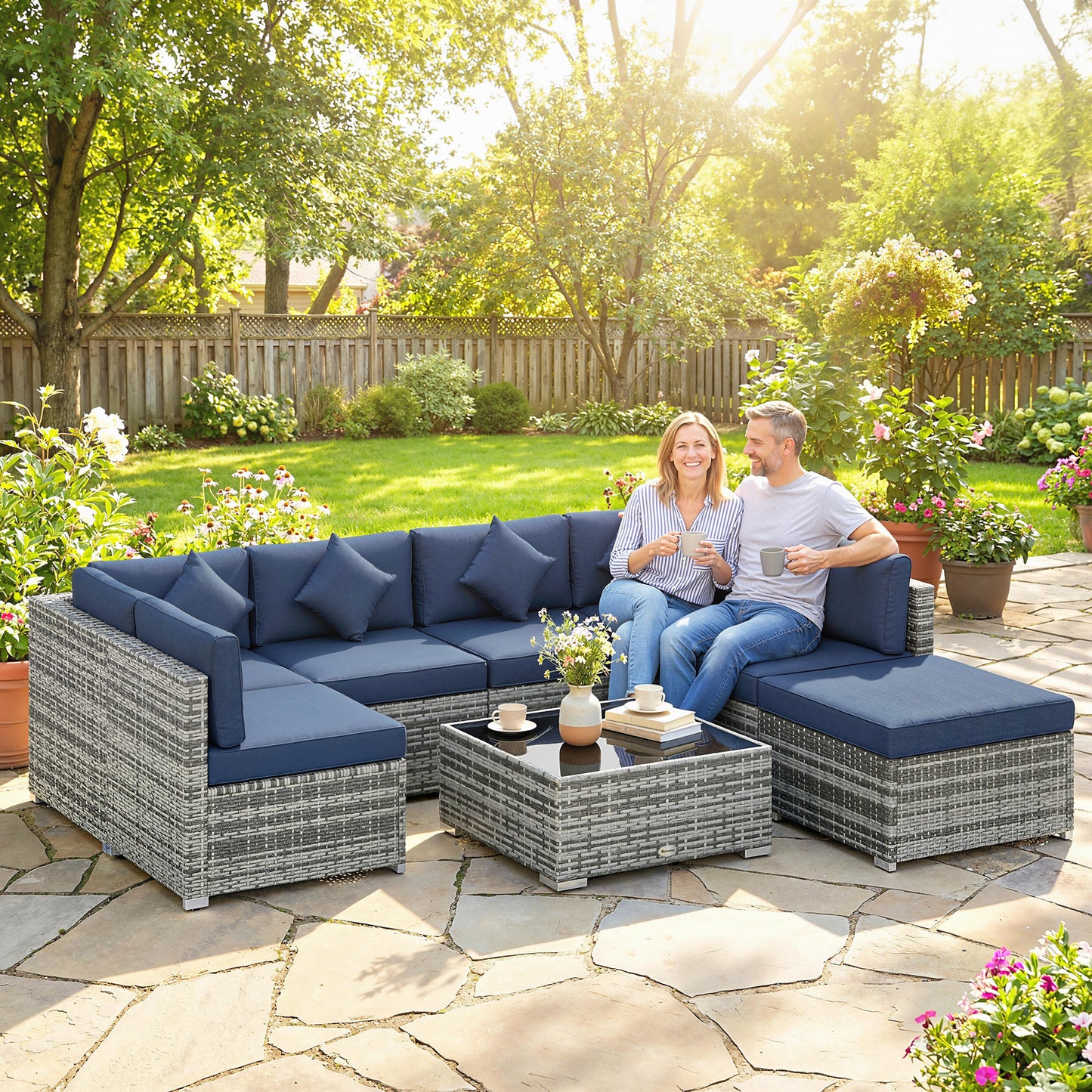 8 Pieces PE Rattan Corner Sofa Set, Outdoor Garden Furniture Set, Patio Wicker Sofa Seater with Cushion, Dark Blue