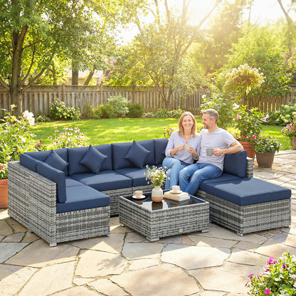 8 Pieces PE Rattan Corner Sofa Set, Outdoor Garden Furniture Set, Patio Wicker Sofa Seater with Cushion, Dark Blue