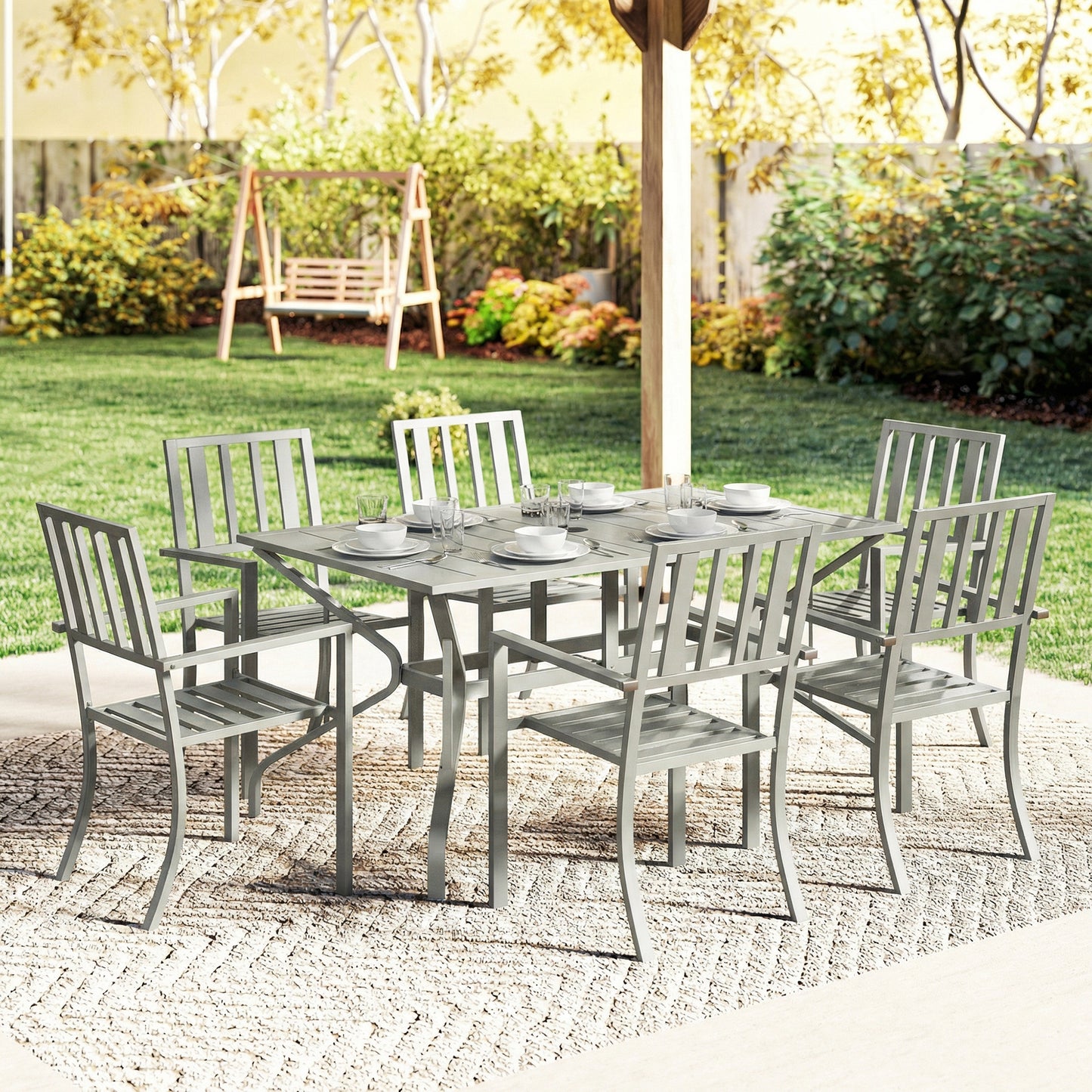 7 Pieces Garden Table and Chairs, 6 Seater Outdoor Table and Chairs with Umbrella Hole, for Garden, Light Grey